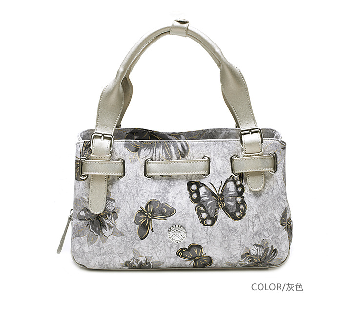 蝴蝶飞飞系列牛皮配料手提包 灰色